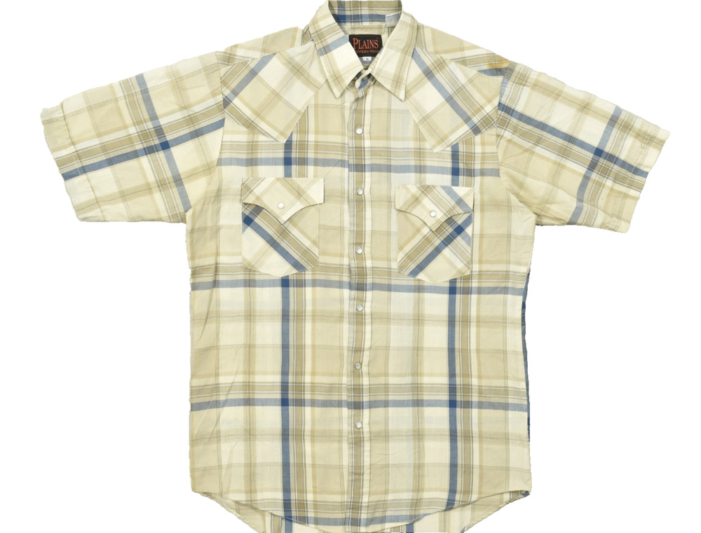 Plains Western Wear Shirt Mens Small S Tan Blue Plaid Short Sleeve Pearl Snap